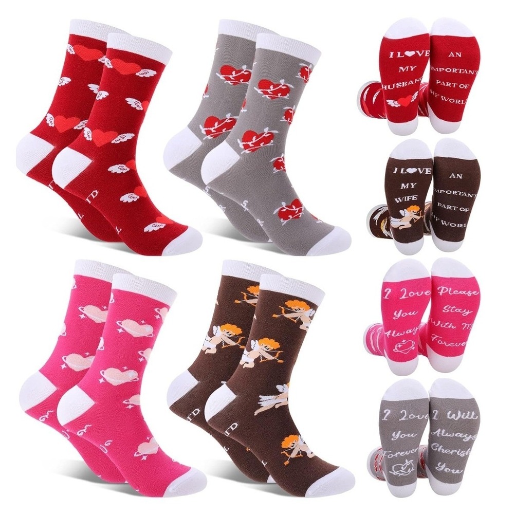 4 Pairs Couple Socks‎ Hearts Cupid Love Novelty Crew Socks Set